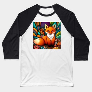 Folk Art Fox With Flowers Baseball T-Shirt
